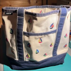 Lands' End Canvas Tote with Navy Trim and Multicolor Sailboats
